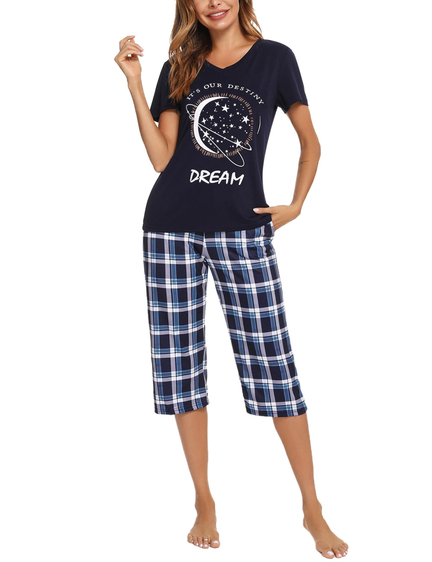 Pyjama Femme Été en Coton à Carreaux – Ensemble 2 Pièces Manche Courte et Pantalon Capri