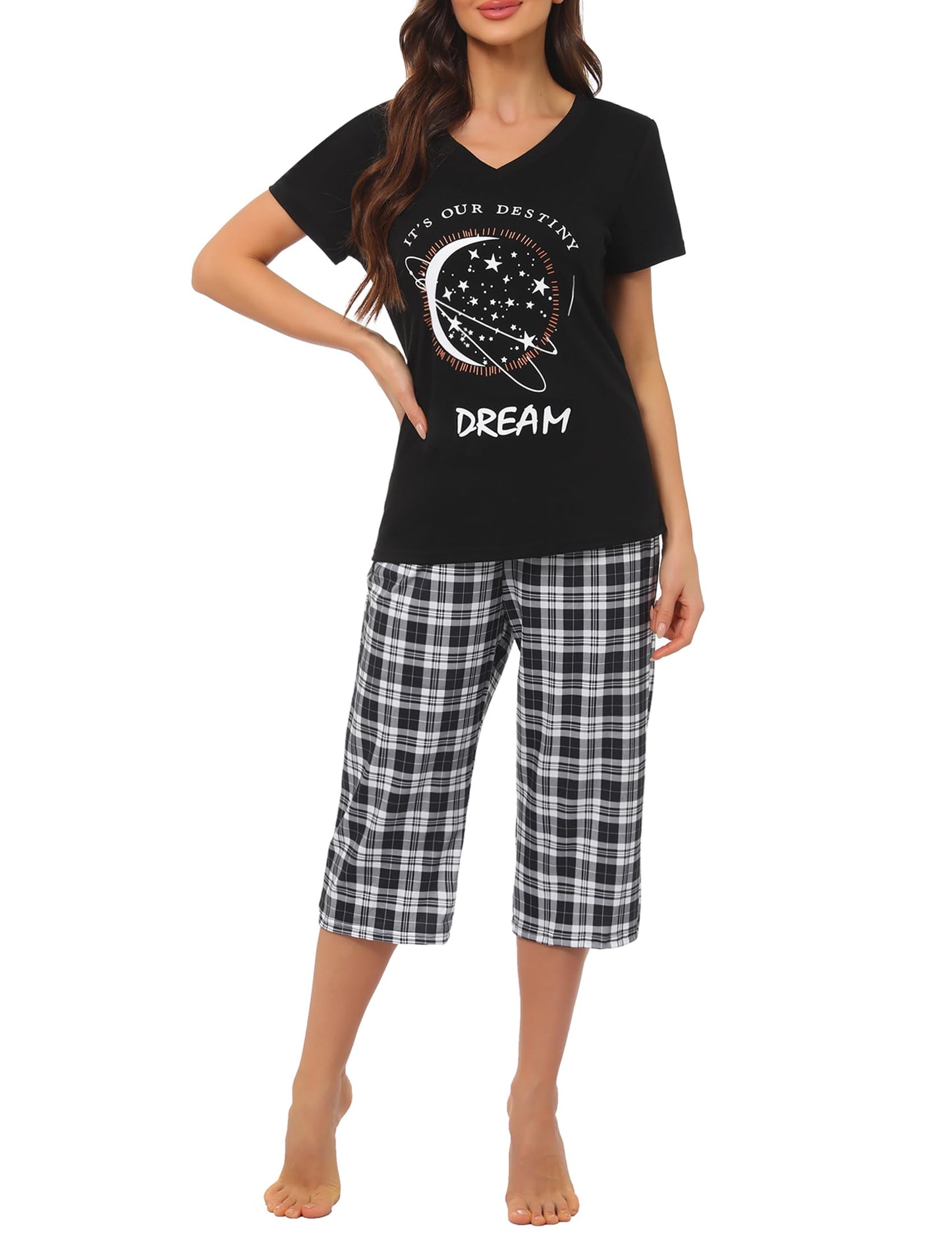 Pyjama Femme Été en Coton à Carreaux – Ensemble 2 Pièces Manche Courte et Pantalon Capri