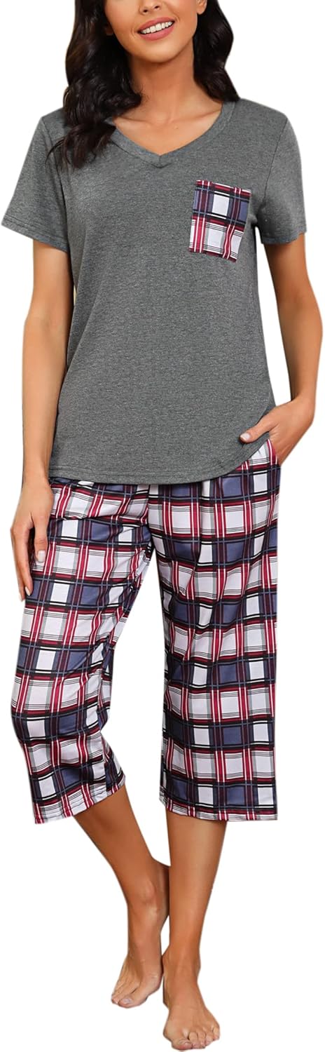 Pyjama Femme Été en Coton à Carreaux – Ensemble 2 Pièces Manche Courte et Pantalon Capri