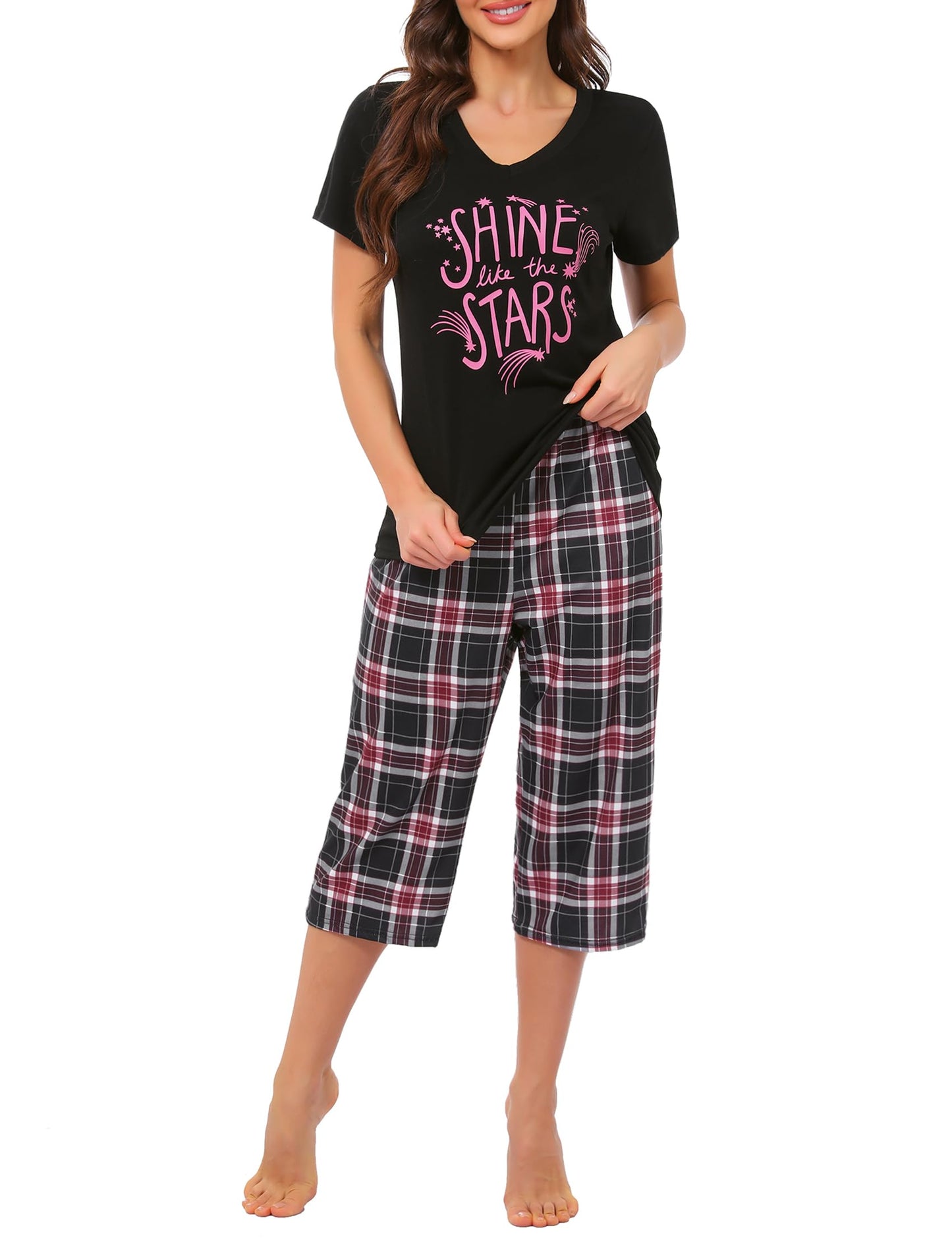 Pyjama Femme Été en Coton à Carreaux – Ensemble 2 Pièces Manche Courte et Pantalon Capri