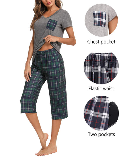 Pyjama Femme Été en Coton à Carreaux – Ensemble 2 Pièces Manche Courte et Pantalon Capri