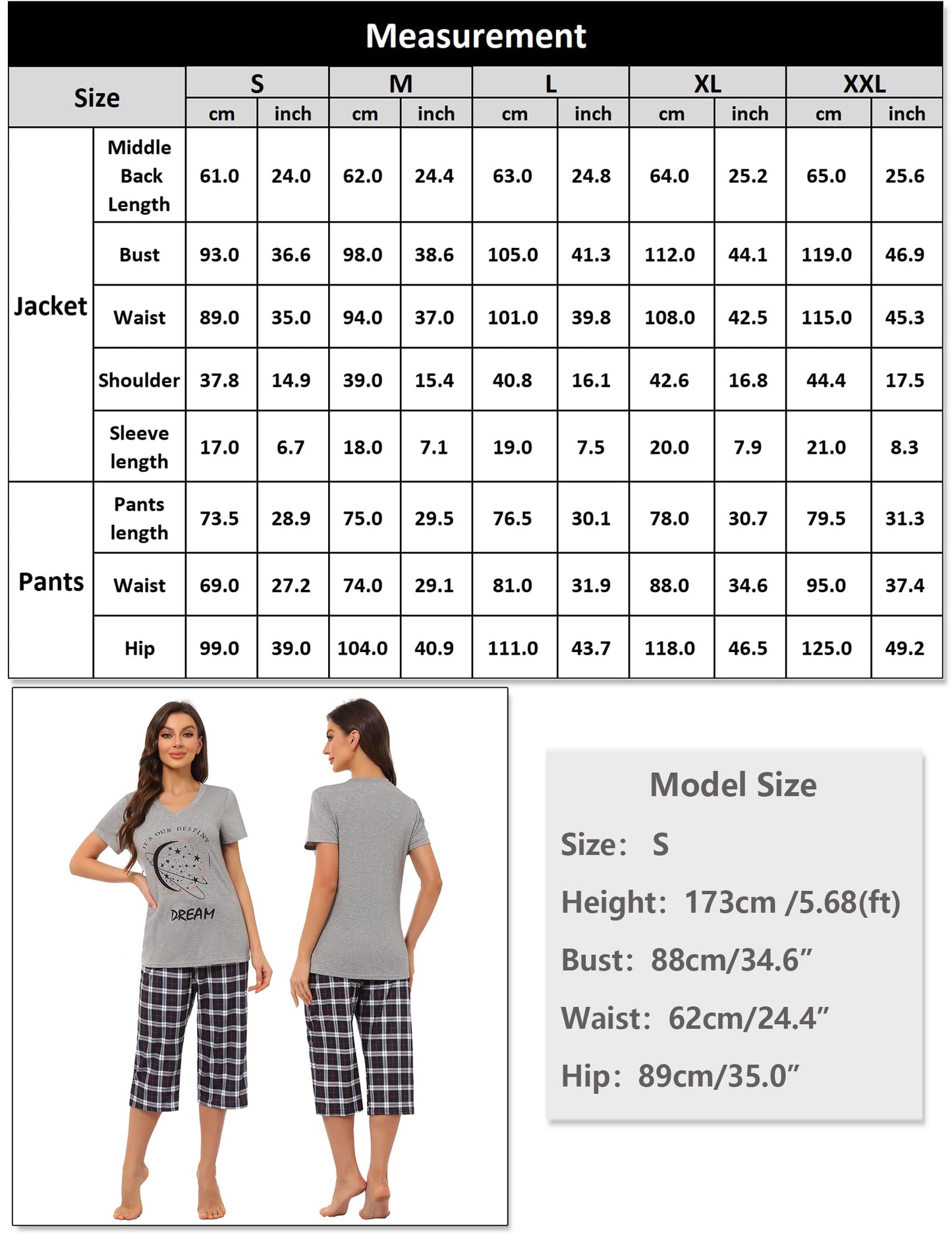 Pyjama Femme Été en Coton à Carreaux – Ensemble 2 Pièces Manche Courte et Pantalon Capri