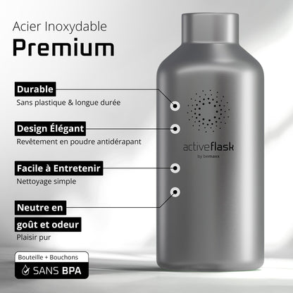 Gourde Inox Isotherme  avec 3 Bouchons + Infuseur Thé/Fruits | Sans BPA