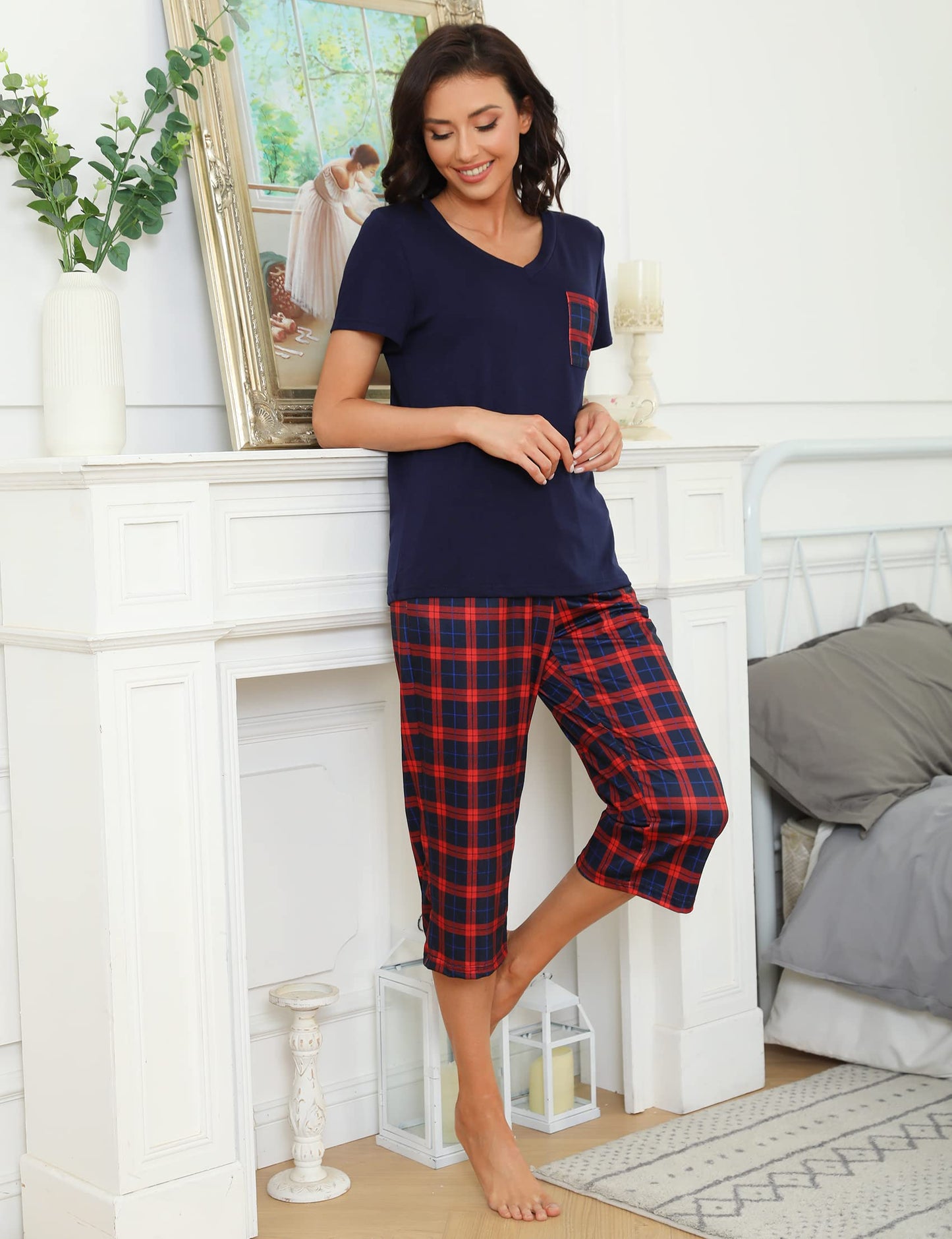 Pyjama Femme Été en Coton à Carreaux – Ensemble 2 Pièces Manche Courte et Pantalon Capri