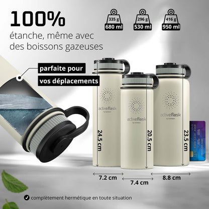 Gourde Inox Isotherme  avec 3 Bouchons + Infuseur Thé/Fruits | Sans BPA