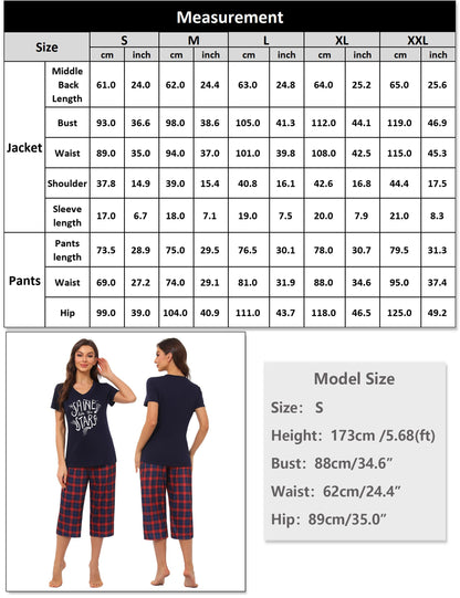 Pyjama Femme Été en Coton à Carreaux – Ensemble 2 Pièces Manche Courte et Pantalon Capri