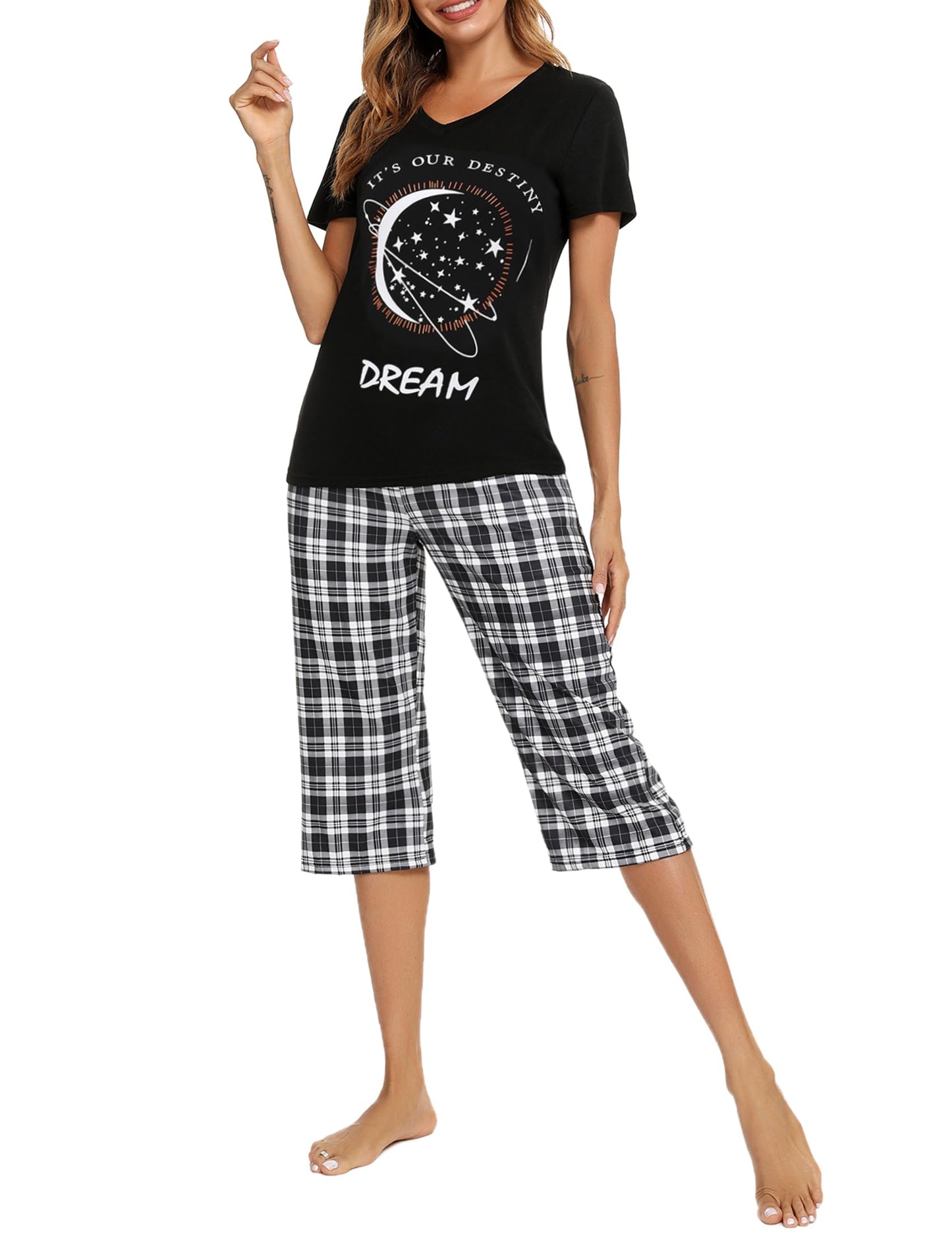 Pyjama Femme Été en Coton à Carreaux – Ensemble 2 Pièces Manche Courte et Pantalon Capri