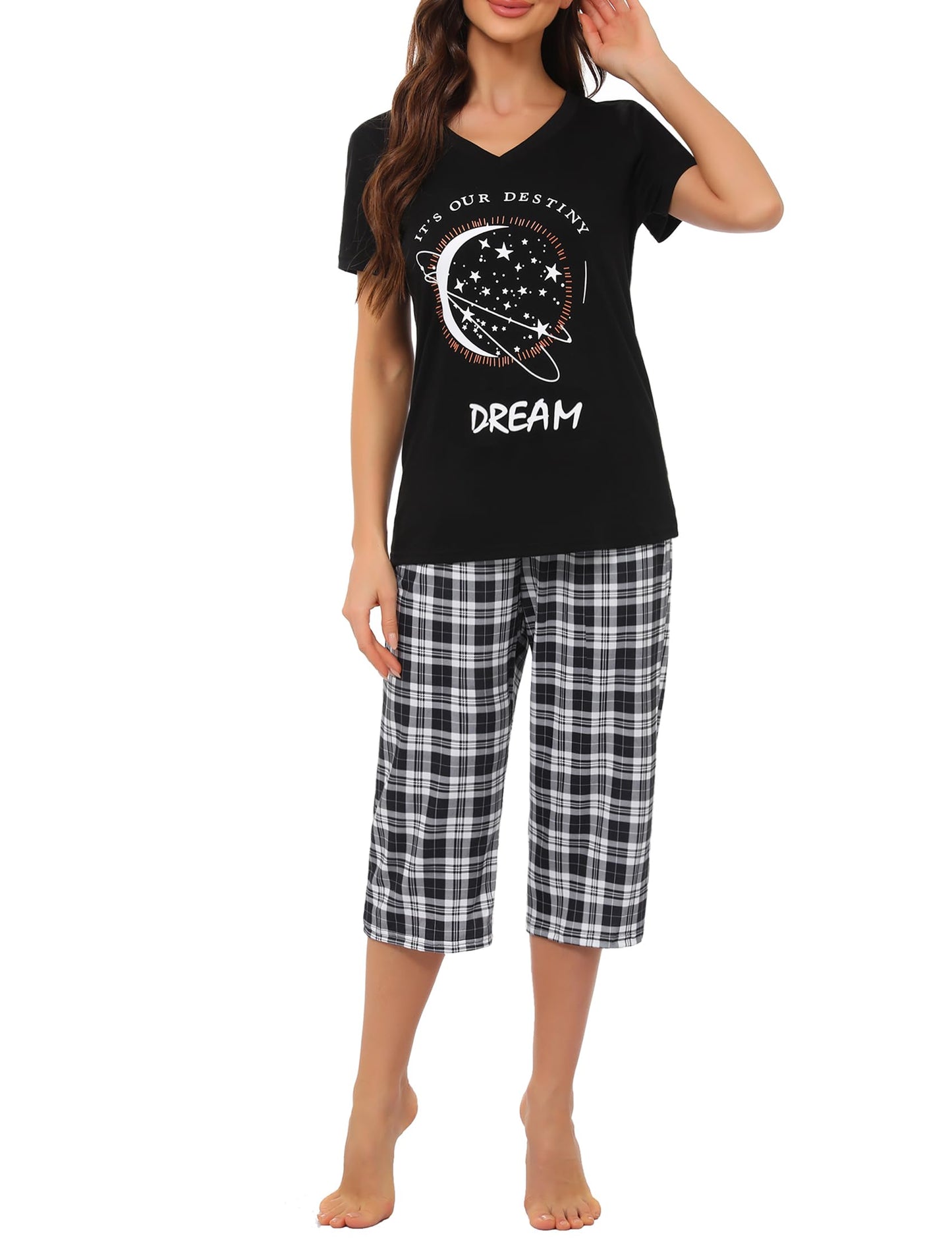 Pyjama Femme Été en Coton à Carreaux – Ensemble 2 Pièces Manche Courte et Pantalon Capri