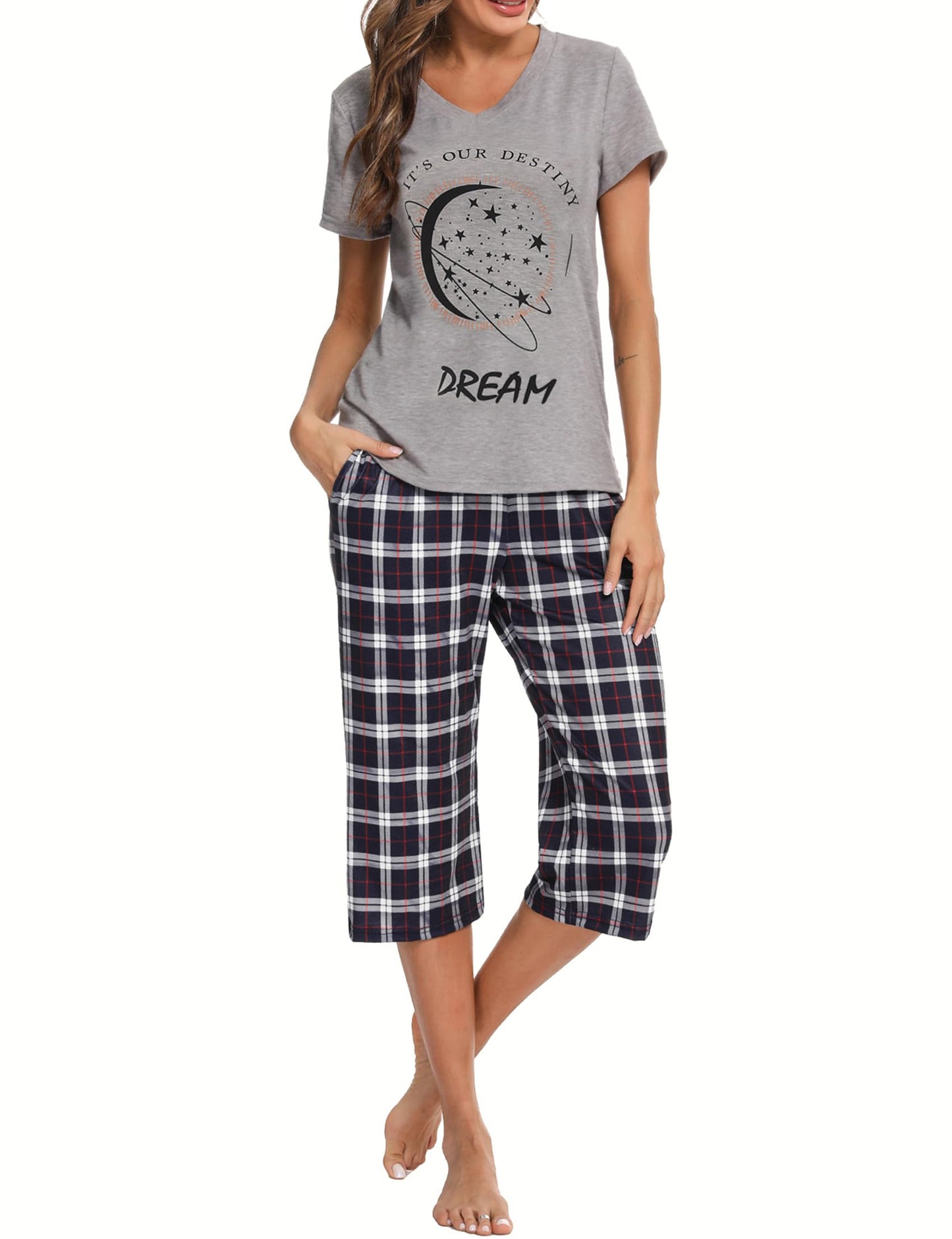 Pyjama Femme Été en Coton à Carreaux – Ensemble 2 Pièces Manche Courte et Pantalon Capri