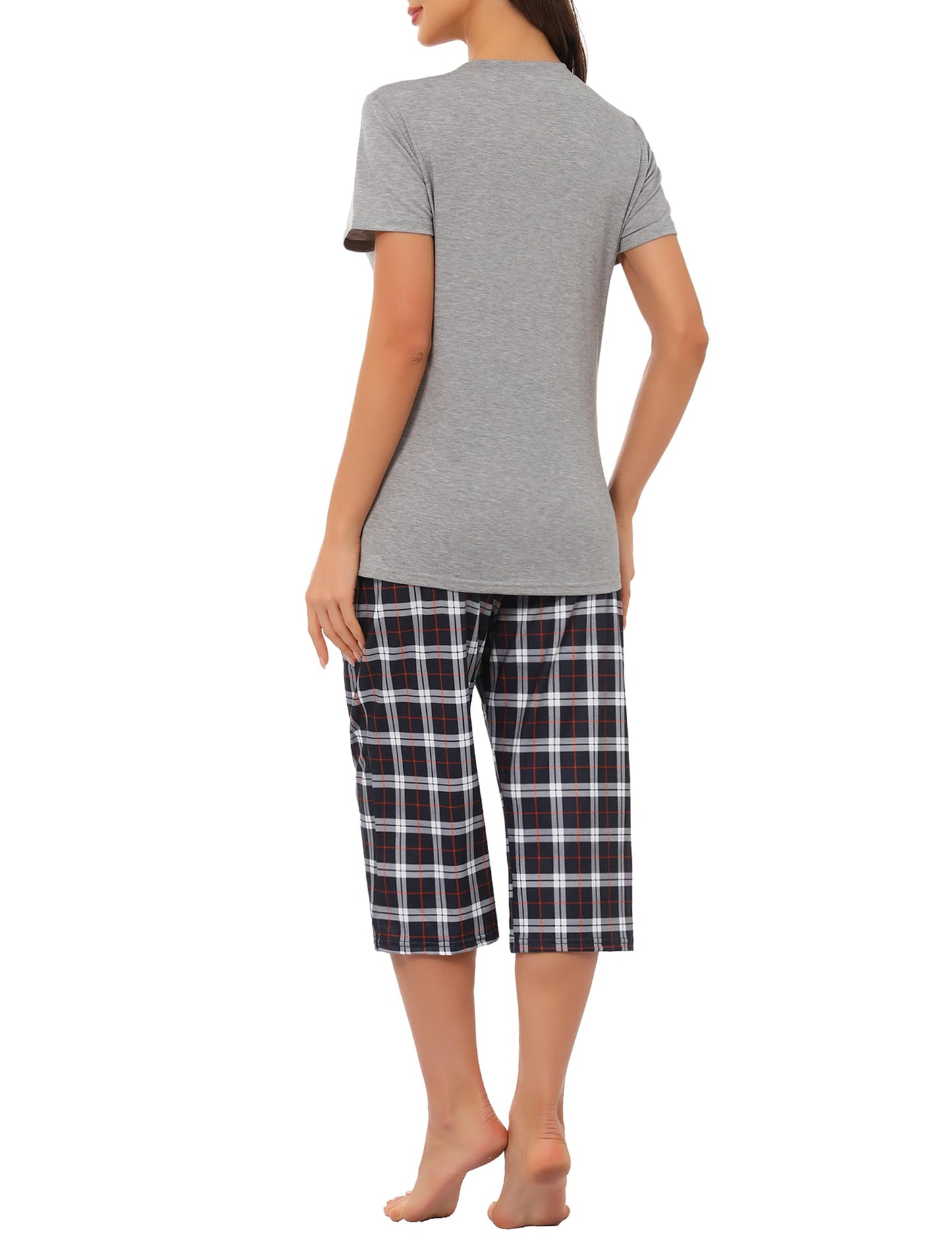 Pyjama Femme Été en Coton à Carreaux – Ensemble 2 Pièces Manche Courte et Pantalon Capri