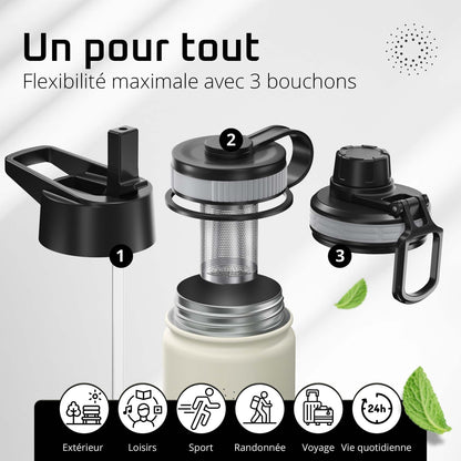 Gourde Inox Isotherme  avec 3 Bouchons + Infuseur Thé/Fruits | Sans BPA