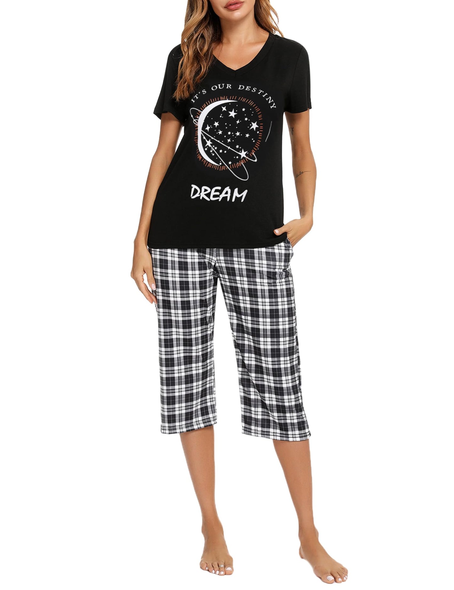 Pyjama Femme Été en Coton à Carreaux – Ensemble 2 Pièces Manche Courte et Pantalon Capri