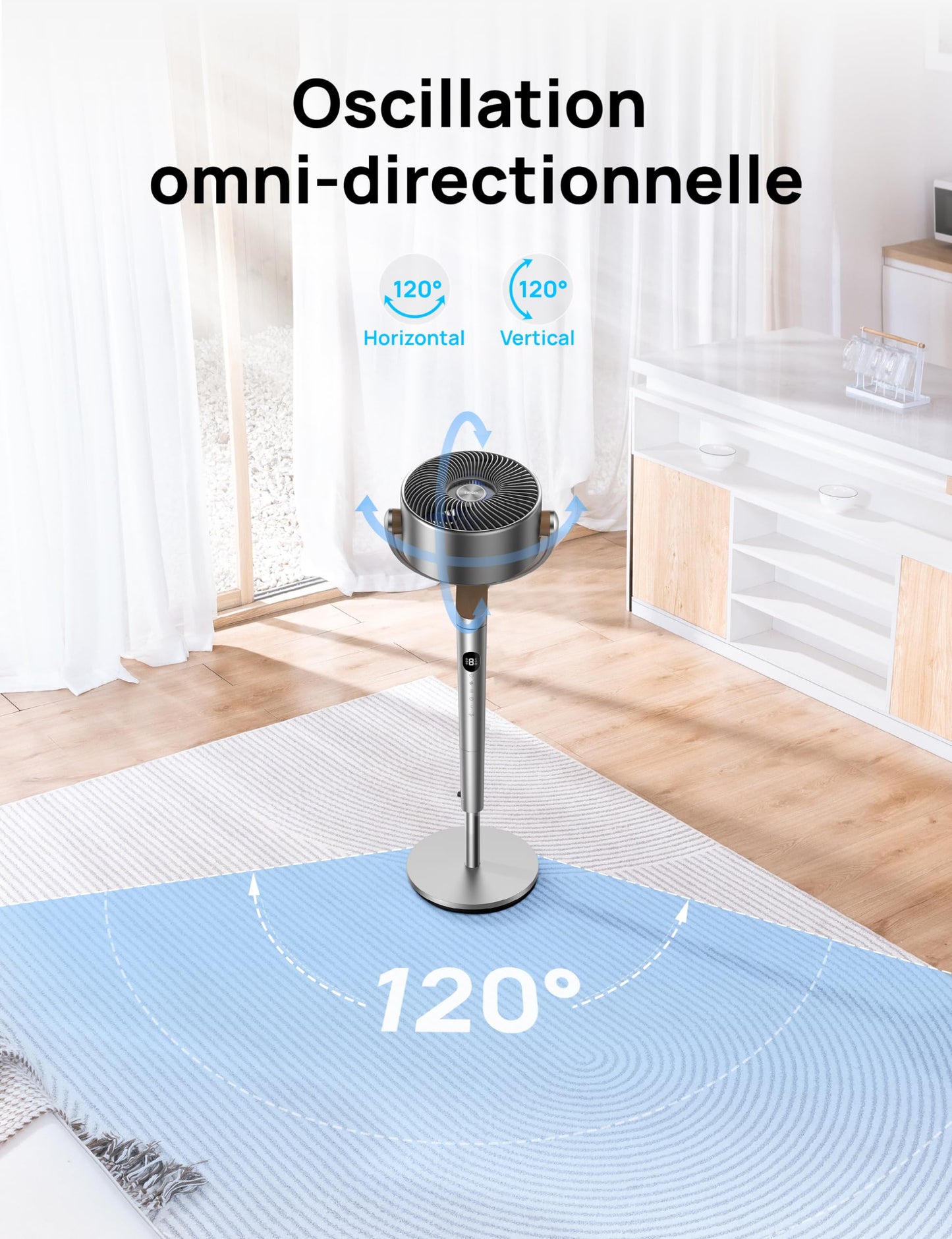 Ventilateur sur Pied Silencieux, Oscillation Omnidirectionnelle