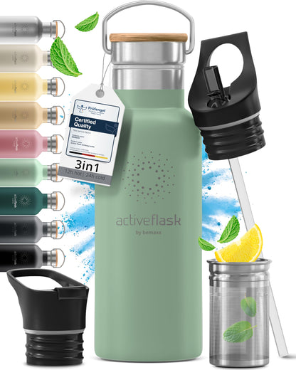 Gourde Inox Isotherme  avec 3 Bouchons + Infuseur Thé/Fruits | Sans BPA