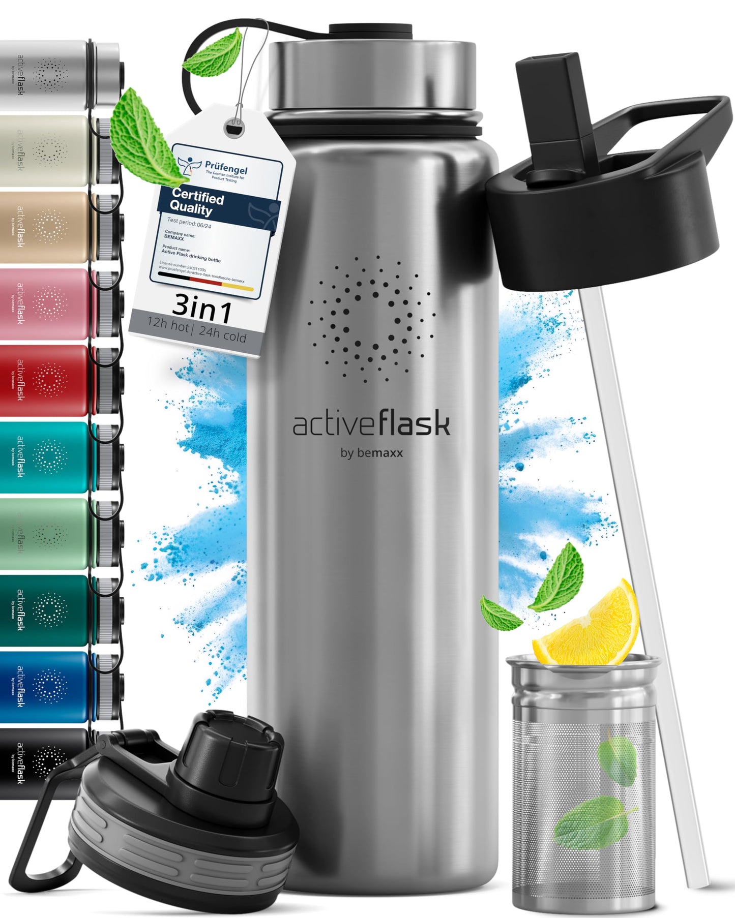 Gourde Inox Isotherme  avec 3 Bouchons + Infuseur Thé/Fruits | Sans BPA