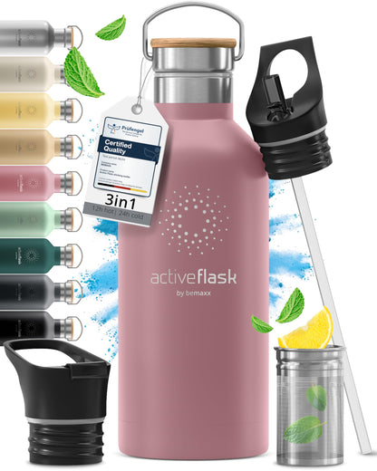 Gourde Inox Isotherme  avec 3 Bouchons + Infuseur Thé/Fruits | Sans BPA