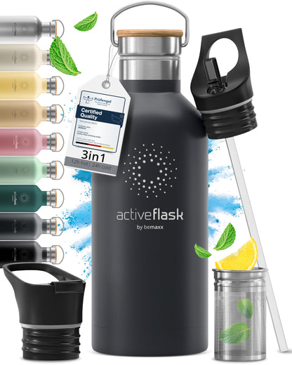 Gourde Inox Isotherme  avec 3 Bouchons + Infuseur Thé/Fruits | Sans BPA