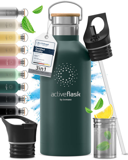 Gourde Inox Isotherme  avec 3 Bouchons + Infuseur Thé/Fruits | Sans BPA
