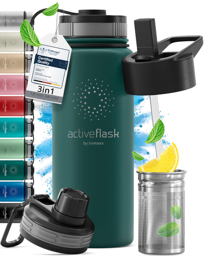 Gourde Inox Isotherme  avec 3 Bouchons + Infuseur Thé/Fruits | Sans BPA