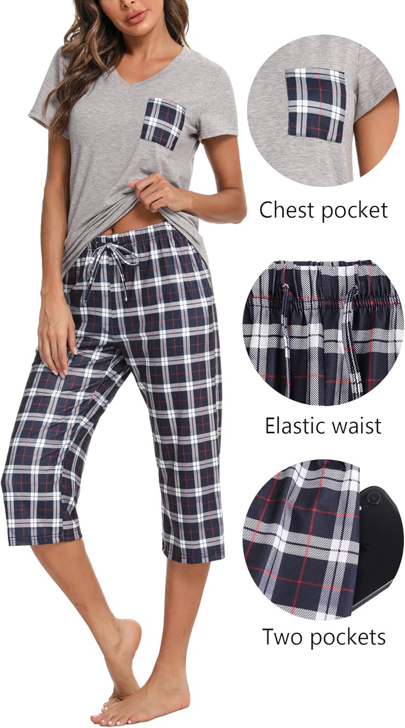 Pyjama Femme Été en Coton à Carreaux – Ensemble 2 Pièces Manche Courte et Pantalon Capri