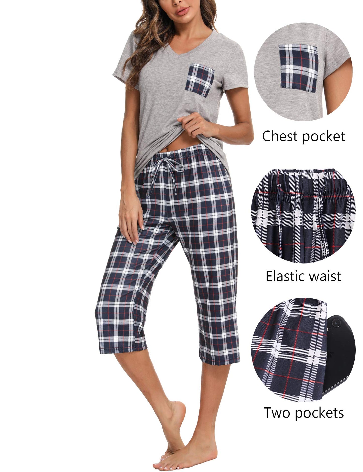 Pyjama Femme Été en Coton à Carreaux – Ensemble 2 Pièces Manche Courte et Pantalon Capri