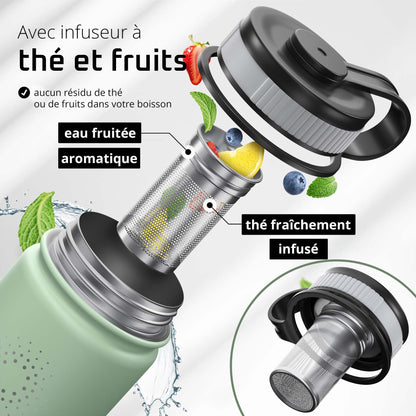 Gourde Inox Isotherme  avec 3 Bouchons + Infuseur Thé/Fruits | Sans BPA