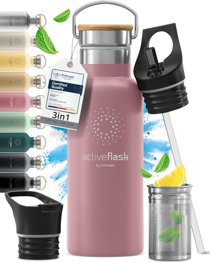 Gourde Inox Isotherme  avec 3 Bouchons + Infuseur Thé/Fruits | Sans BPA