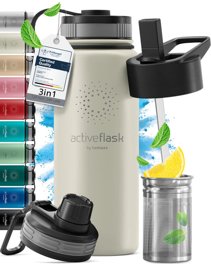 Gourde Inox Isotherme  avec 3 Bouchons + Infuseur Thé/Fruits | Sans BPA
