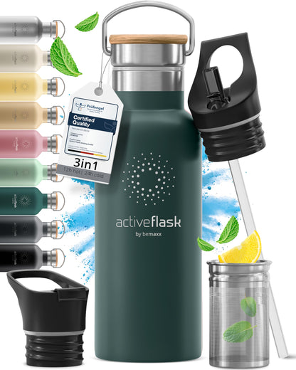 Gourde Inox Isotherme  avec 3 Bouchons + Infuseur Thé/Fruits | Sans BPA
