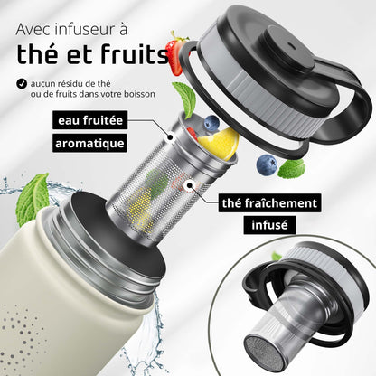 Gourde Inox Isotherme  avec 3 Bouchons + Infuseur Thé/Fruits | Sans BPA
