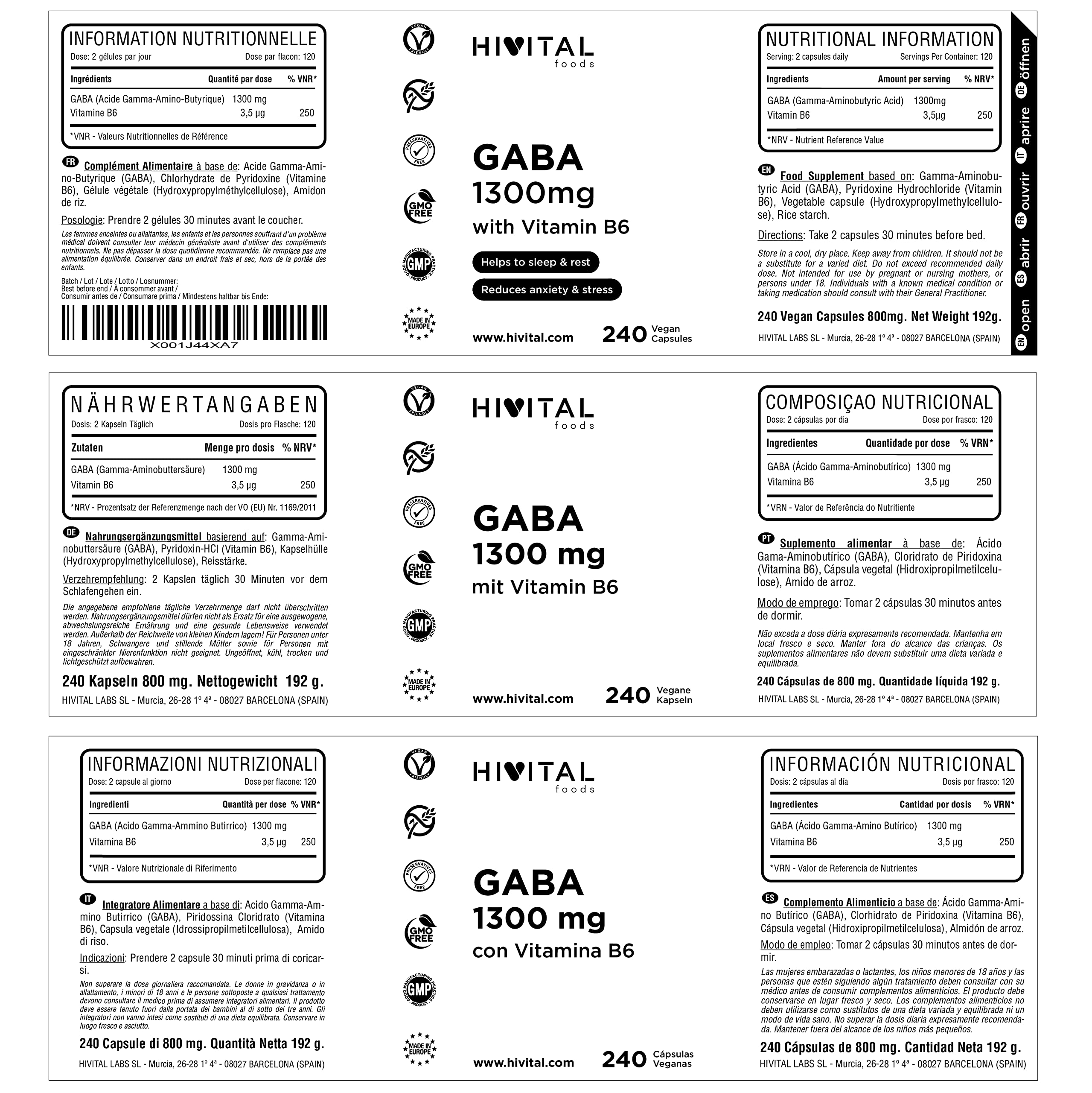 GABA 1300 mg avec Vitamine B6 | 240 Gélules Végétaliennes